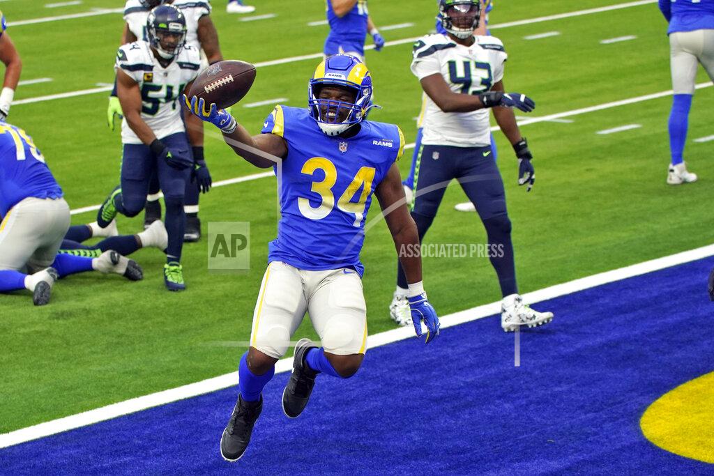Ashley Landis Los Angeles Rams running back Malcolm Brown (34) celebrates after scoring against the Seattle Seahawks during the first half of an NFL football game Sunday, Nov. 15, 2020, in Inglewood, Calif. (AP Photo/Ashley Landis)