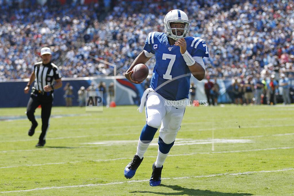 Wade Payne Indianapolis Colts quarterback Jacoby Brissett scrambles against the Tennessee Titans in the first half of an NFL football game Sunday, Sept. 15, 2019, in Nashville, Tenn. (AP Photo/Wade Payne)