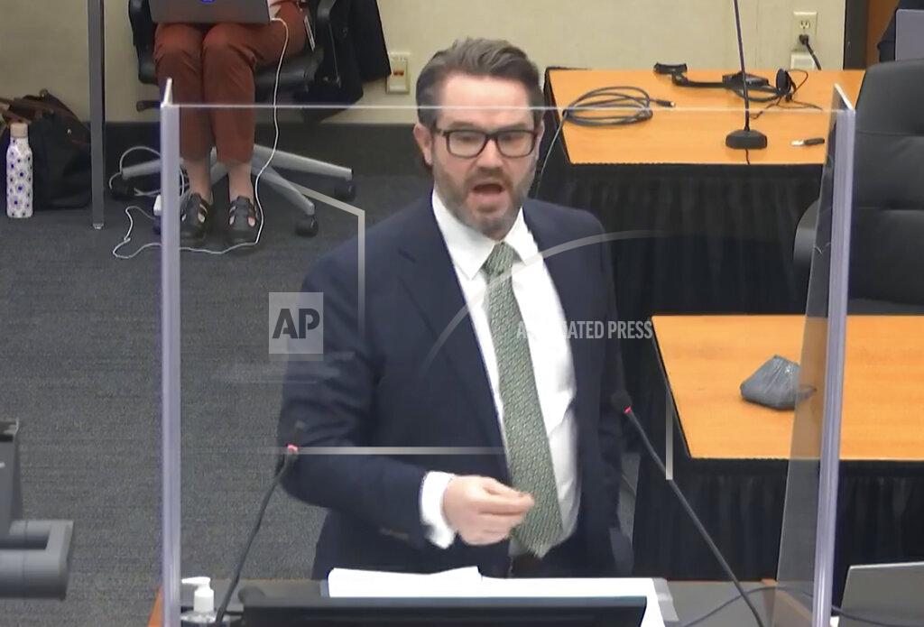 Uncredited In this image from video, defense attorney Eric Nelson gives closing arguments as Hennepin County Judge Peter Cahill presides Monday, April 19, 2021, in the trial of former Minneapolis police Officer Derek Chauvin at the Hennepin County Courthouse in Minneapolis. Chauvin is charged in the May 25, 2020 death of George Floyd. (Court TV via AP, Pool)