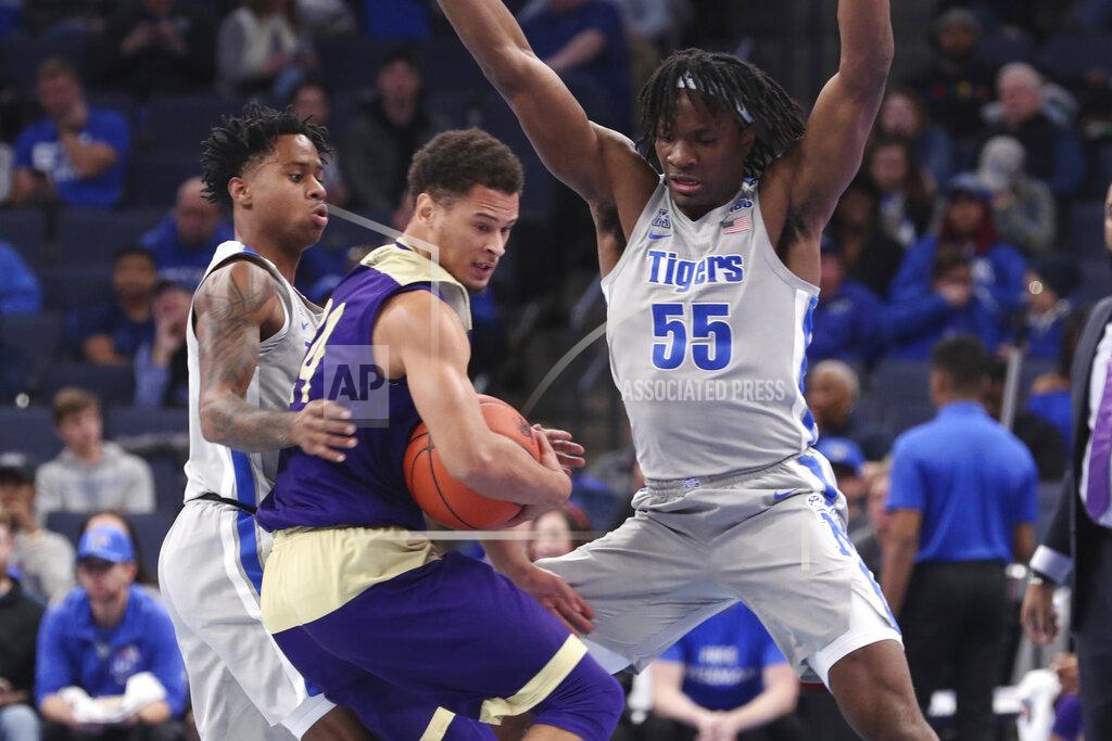Karen Pulfer Focht Memphis' Precious Achiuwa (55) and Tyler Harris (1) move in to defend Alcorn State Arne Morris (24) in the second half of an NCAA college basketball game Saturday, Nov. 16, 2019, in Memphis, Tenn. (AP Photo/Karen Pulfer Focht)