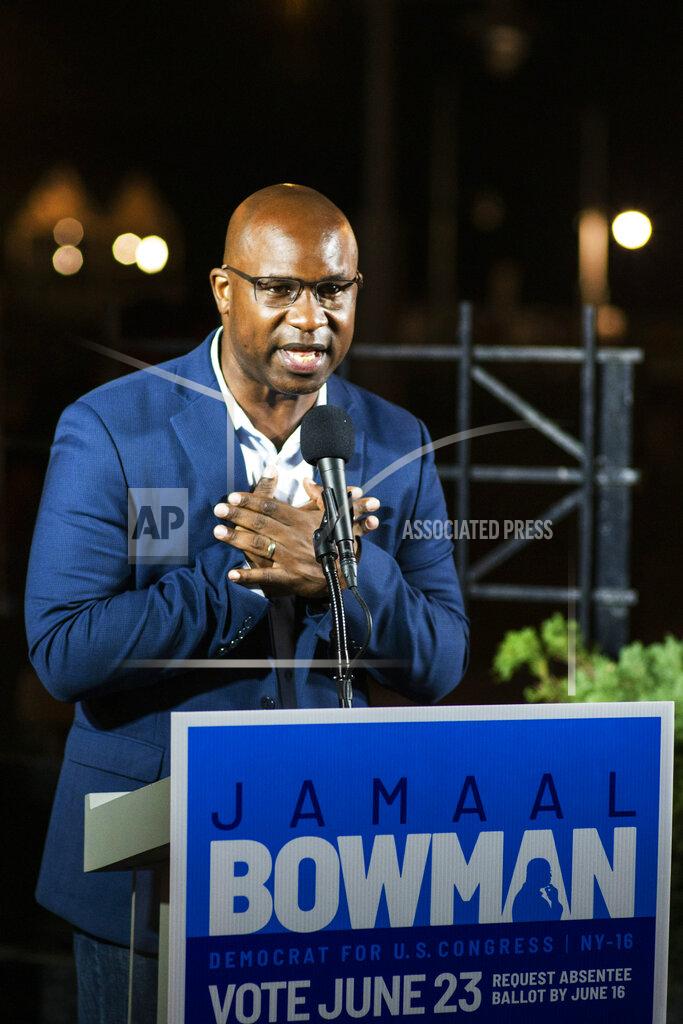 Eduardo Munoz Alvarez Jamaal Bowman, who is running against Rep. Eliot Engel, D-N.Y., speaks during his primary-night party Tuesday, June. 23, 2020, in New York. (AP Photo/Eduardo Munoz Alvarez)