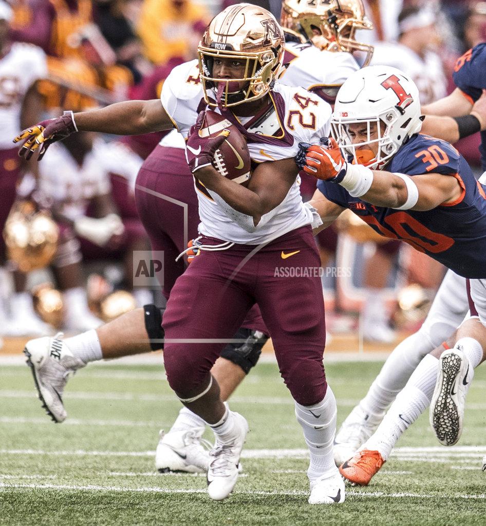 Holly Hart Minnesota running back Mohamed Ibrahim (24) runs as Illinois' Sydney Brown (30) tries to bring him down in the first half of an NCAA college football game, Saturday, Nov. 3, 2018, in Champaign, Ill. (AP Photo/Holly Hart)