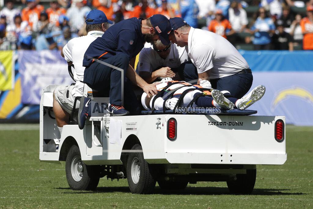 Alex Gallardo FILE - In this Sunday, Oct. 6, 2019 file photo, Denver Broncos cornerback DeVante Bausby is taken off the field after being hurt during the first half of an NFL football game against the Los Angeles Chargers, in Carson, Calif. Broncos cornerback De'Vante Bausby says he was paralyzed for 30 minutes Sunday after he wrenched his neck colliding with linebacker Alexander Johnson while making a tackle on Chargers running back Austin Ekeler. (AP Photo/Alex Gallardo, File)