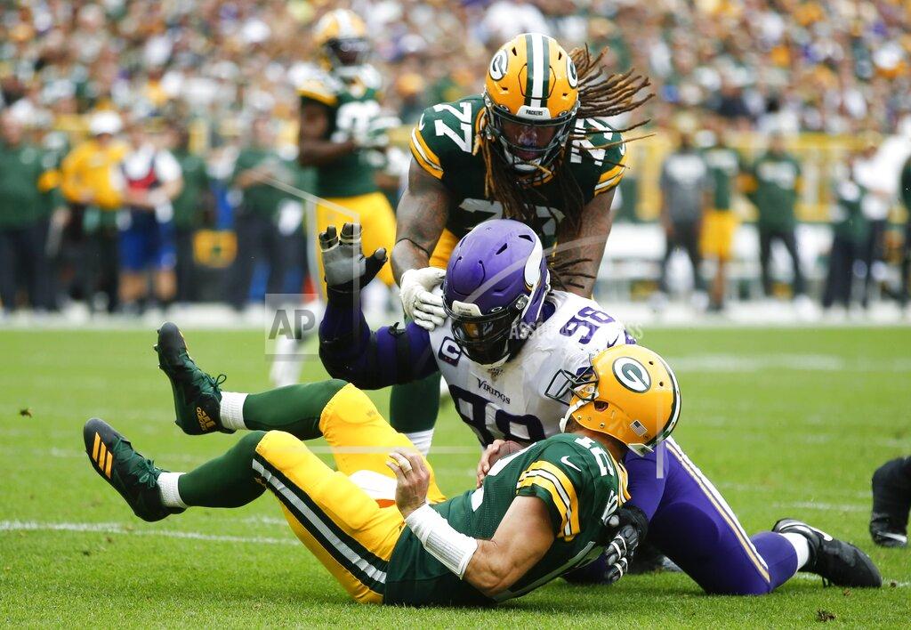 Matt Ludtke Minnesota Vikings' Linval Joseph sacks Green Bay Packers' Aaron Rodgers during the second half of an NFL football game Sunday, Sept. 15, 2019, in Green Bay, Wis. (AP Photo/Matt Ludtke)