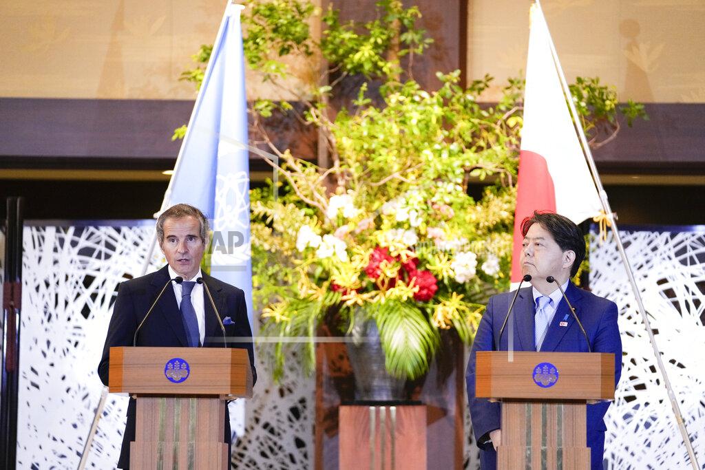 Hiro Komae Director-General of the International Atomic Energy Agency (IAEA) Rafael Grossi, left, speaks as Japanese Foreign Minister Yoshimasa Hayashi listens during a news conference at the Iikura guesthouse in Tokyo, Thursday, May 19, 2022. (AP Photo/Hiro Komae)