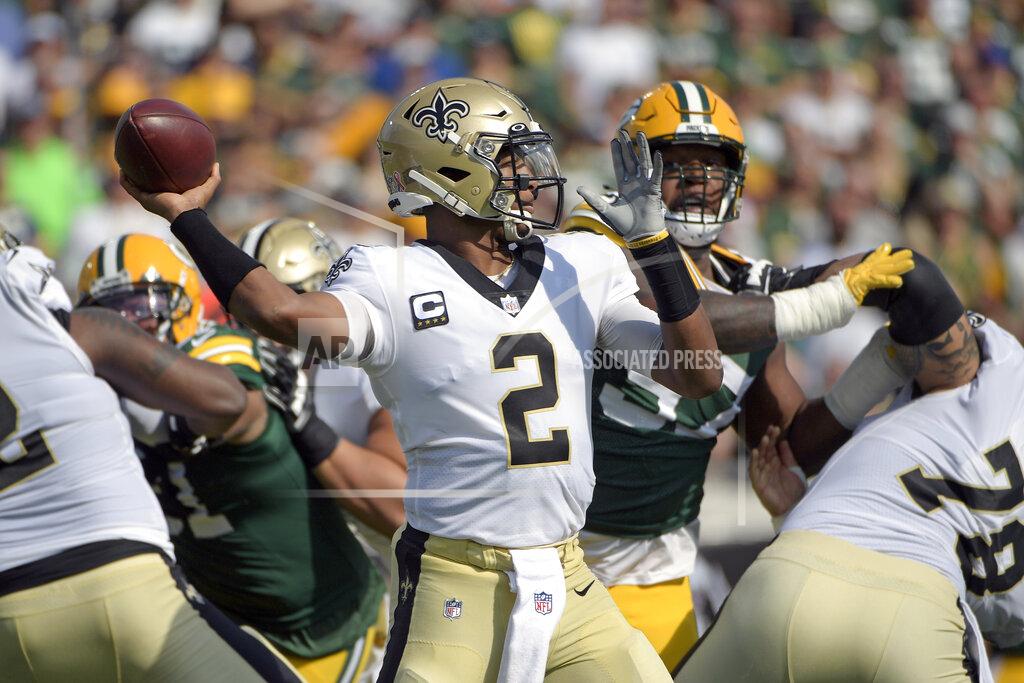 Phelan M. Ebenhack New Orleans Saints quarterback Jameis Winston (2) throws a pass during the first half of an NFL football game against the Green Bay Packers, Sunday, Sept. 12, 2021, in Jacksonville, Fla. (AP Photo/Phelan M. Ebenhack)