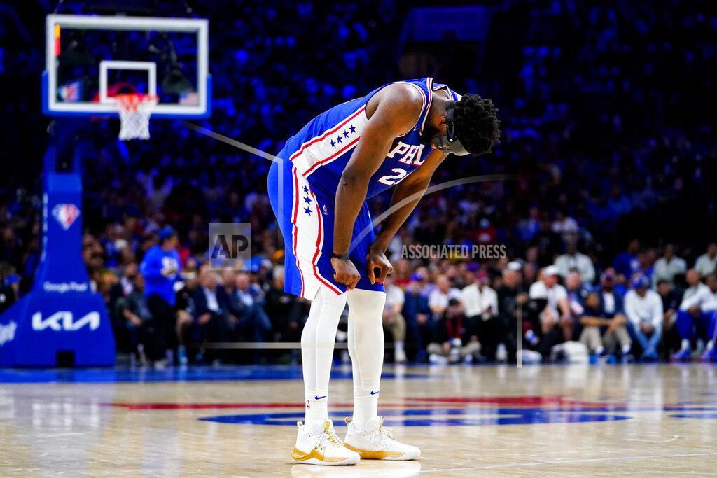 Matt Slocum Philadelphia 76ers' Joel Embiid bows his head during the second half of Game 6 of an NBA basketball second-round playoff series against the Miami Heat, Thursday, May 12, 2022, in Philadelphia. (AP Photo/Matt Slocum)