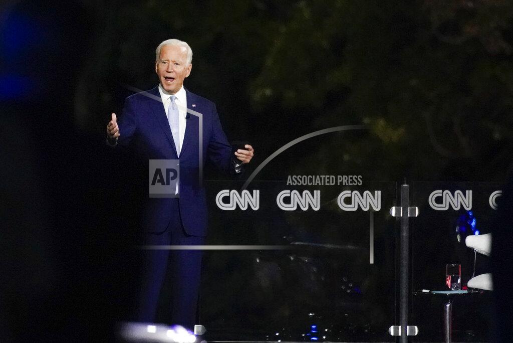 Democratic presidential candidate former Vice President Joe Biden participates in a CNN town hall moderated by Anderson Cooper in Moosic, Pa., Thursday, Sept. 17, 2020. (AP Photo/Carolyn Kaster)