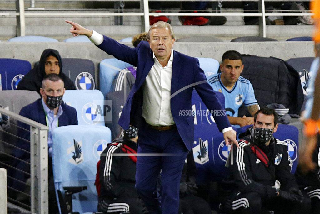 Andy Clayton-King Minnesota United coach Adrian Heath directs his team against the Houston Dynamo during the second half of an MLS soccer match, Saturday, Sept. 25, 2021, in St. Paul, Minn. (AP Photo/Andy Clayton-King)
