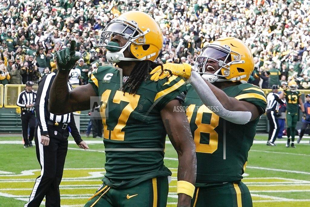 Morry Gash Green Bay Packers' Randall Cobb celebrates his touchdown catch with Randall Cobb during the first half of an NFL football game against the Washington Football Team Sunday, Oct. 24, 2021, in Green Bay, Wis. (AP Photo/Morry Gash)