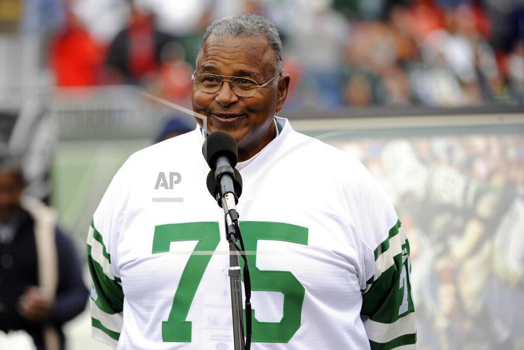 Bill Kostroun FILE - In this Nov. 1, 2009, file photo, former New York Jets offensive lineman Winston Hill is honored during halftime of an NFL football game in East Rutherford, N.J. The late Hill, who died in 2016, was posthumously selected last year for the centennial class of the Pro Football Hall of Fame after a 15-year career during which he established himself as a durable force on the offensive line — and a favorite of his teammates. (AP Photo/Bill Kostroun, File)