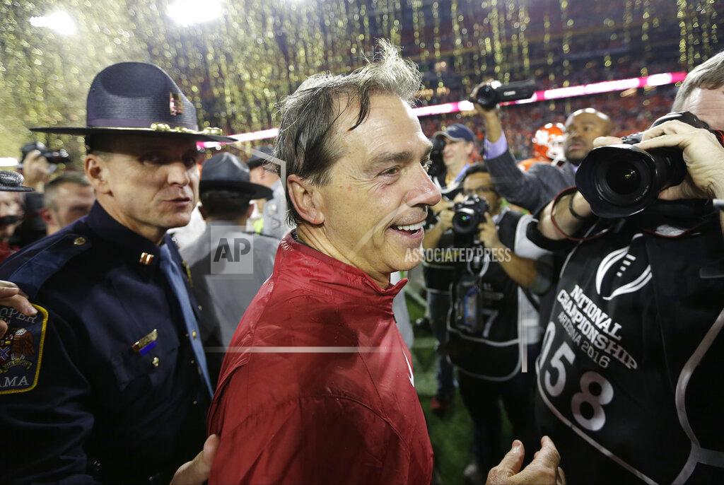 David J. Phillip FILE - In this Jan. 11, 2016, file photo, Alabama head coach Nick Saban smiles after the NCAA college football playoff championship game against Clemson, in Glendale, Ariz. Alabama won 45-40. Nick Saban entered the decade armed with a national title and a promise. The Alabama coach, fresh from the 2009 national championship, told thousands of Crimson Tide fans at Bryant-Denny Stadium that he was just getting started. (AP Photo/David J. Phillip, File)