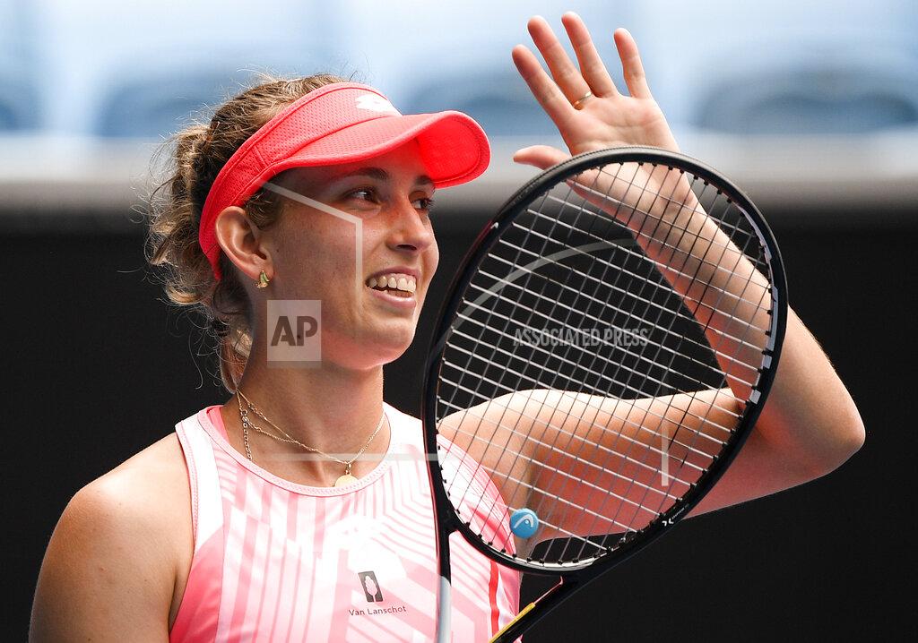Andy Brownbill Belgium's Elise Mertens celebrates after defeating Estonia's Kaia Kanepi in the final of the Gippsland Trophy in Melbourne, Australia, Sunday, Feb. 7, 2021.(AP Photo/Andy Brownbill)