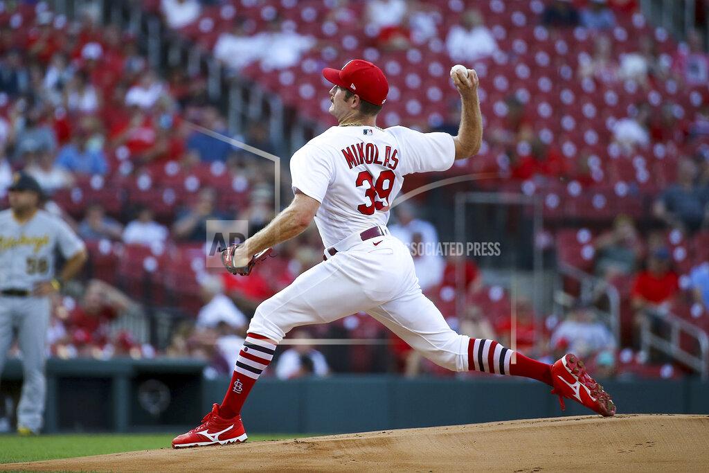 Scott Kane St. Louis Cardinals starting pitcher Miles Mikolas (39) throws during the first inning in the second game of a baseball doubleheader against the Pittsburgh Pirates on Tuesday, June 14, 2022, in St. Louis. (AP Photo/Scott Kane)