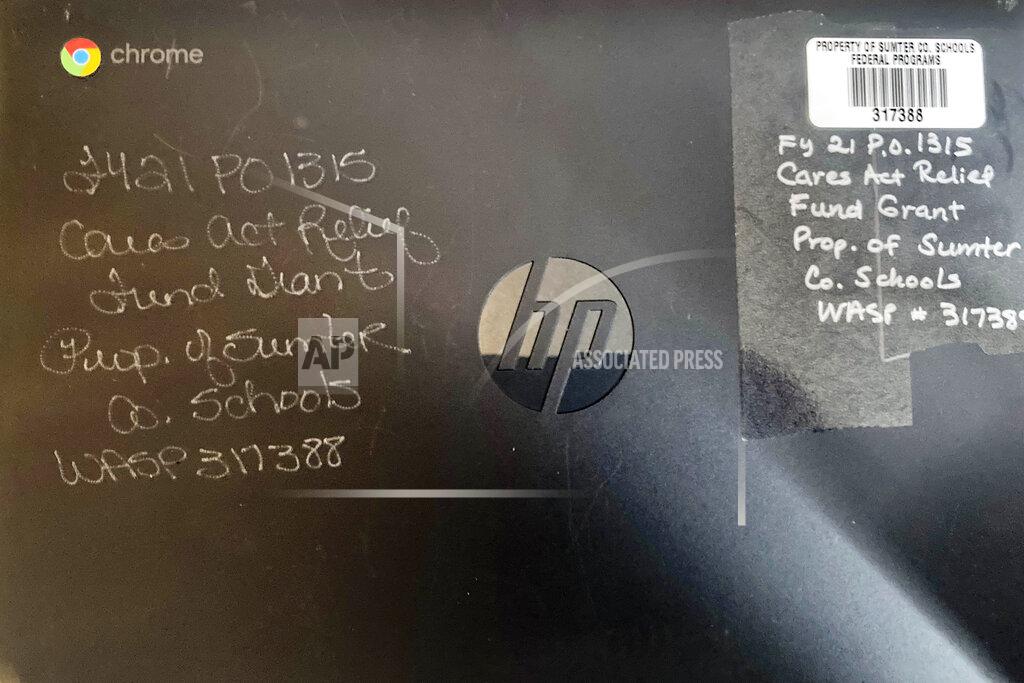 Jeff Amy This photo shows an inscribed cover of the Chromebook of Kristen King, a junior at Americus-Sumter High School, in her home in Americus, Ga., March 1, 2021. "It's been challenging," Kristen said. "I like hands-on help from my teachers. We can't really see our friends, like our school friends. We can't really socialize with them. We can't really do anything." (AP Photo/Jeff Amy)