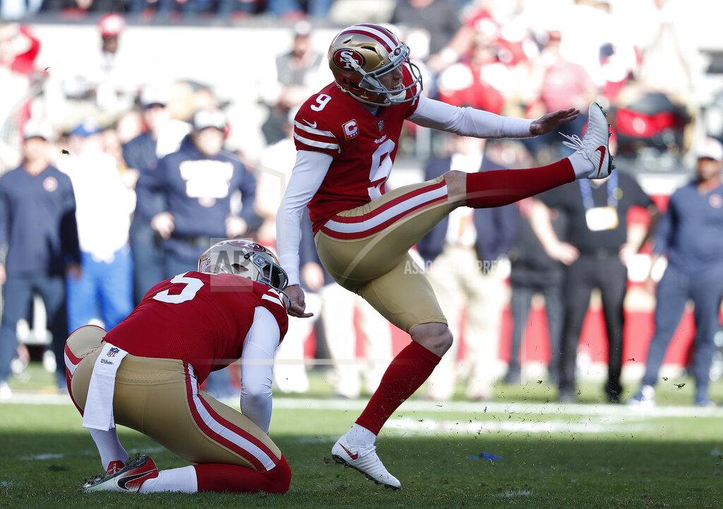 Tony Avelar FILE - In this Dec. 23, 2018, file photo, San Francisco 49ers kicker Robbie Gould (9) kicks a field goal from the hold of Bradley Pinion during the first half of an NFL football game against the Chicago Bears, in Santa Clara, Calif. The S49ers have placed the franchise tag on kicker Robbie Gould. The Niners made the move Tuesday, Feb. 26, 2019, to keep Gould in 2019 for a price tag of about $5 million. (AP Photo/Tony Avelar, File)