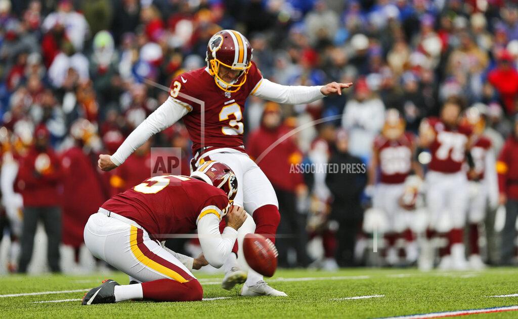 John Munson Washington Redskins kicker Dustin Hopkins (3) kicks a 33-yard field goal during the first half of an NFL football game against the Buffalo Bills, Sunday, Nov. 3, 2019, in Orchard Park, N.Y. (AP Photo/John Munson)