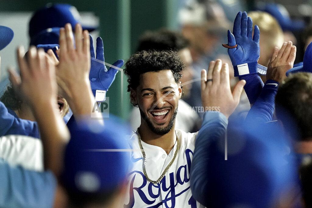 Charlie Riedel Kansas City Royals' MJ Melendez celebrates in the dugout after hitting a two-run home run during the eighth inning of a baseball game against the Chicago White Sox Wednesday, May 18, 2022, in Kansas City, Mo. (AP Photo/Charlie Riedel)