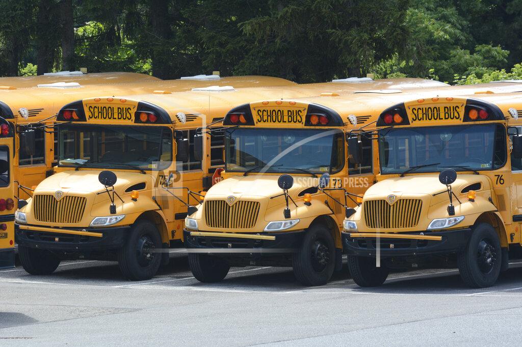 Lindsey Shuey FILE - In this Thursday, June 25, 2020 file photo, school buses are parked behind an elementary School in Pottsville, Pa. On Friday, July 10, 2020, The Associated Press reported on stories circulating online incorrectly asserting “Teachers are the number one occupation of the antifa terrorist organization according to the FBI.” The FBI told The Associated Press it “has not made any such statements about the occupations of people who are attracted to particular ideologies.” (Lindsey Shuey/Republican-Herald via AP)