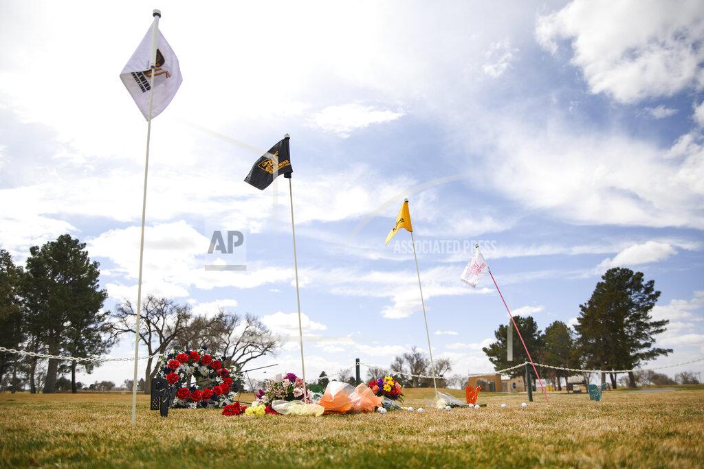 Eli Hartman A memorial erected in honor of the University of the Southwest golf teams car wreck is seen Thursday, March 17, 2022 at the Rockwind Community Links in Hobbs, N.M. Late Tuesday, the University of the Southwest men's and women's golf teams were involved in a fatal car crash half a mile north of State Highway 115 on Farm-to-Market Road 1788 in Andrews County while on the way back from tournament play in Midland. Nine people were killed in the wreck including six students, one coach, and two in a pickup that collided head-on with the university's van. (Eli Hartman/Odessa American via AP)