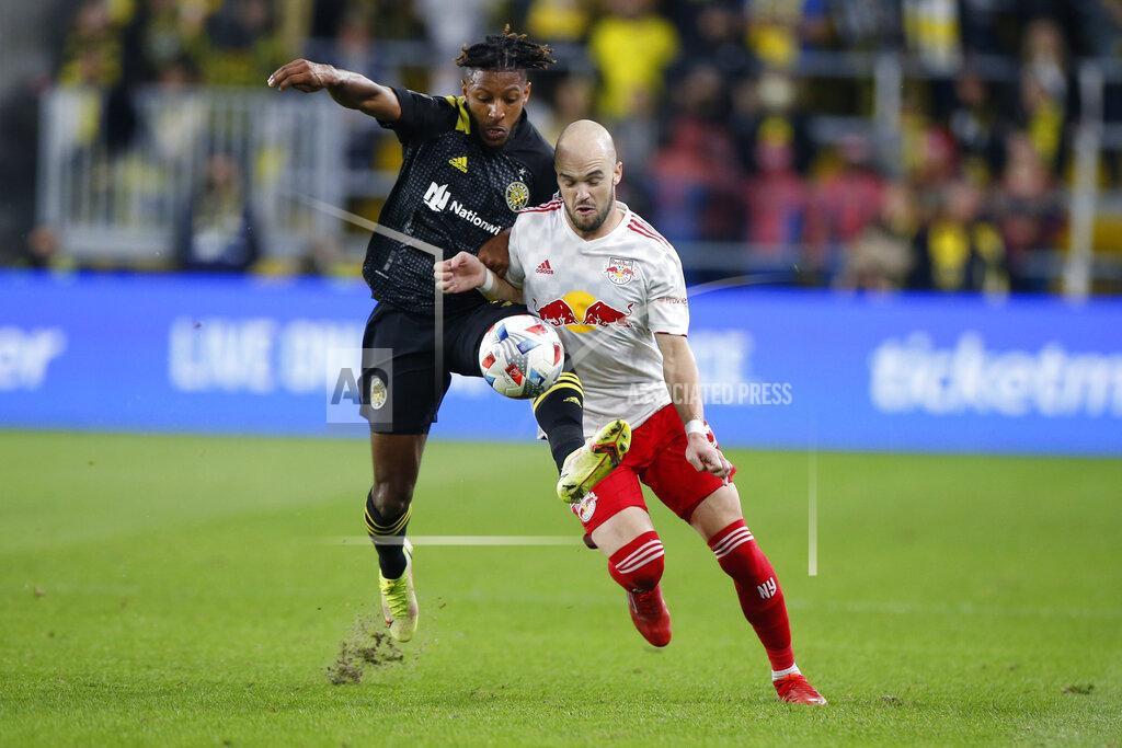 Jay Laprete Columbus Crew's Steven Moreira, left, and New York Red Bulls' Andrew Gutman compete for position during the first half of an MLS soccer match Saturday, Oct. 23, 2021, in Columbus, Ohio. (AP Photo/Jay LaPrete)