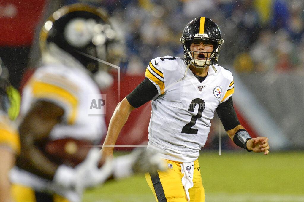 Mark Zaleski Pittsburgh Steelers quarterback Mason Rudolph (2) celebrates after throwing a 41-yard touchdown pass against the Tennessee Titans in the first half of a preseason NFL football game Sunday, Aug. 25, 2019, in Nashville, Tenn. (AP Photo/Mark Zaleski)
