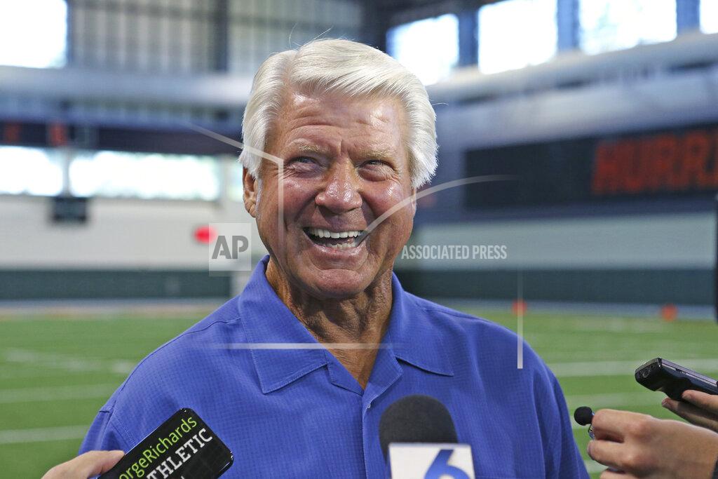 David Santiago FILE - In this Wednesday, Aug. 21, 2019, file photo, former Miami football coach Jimmy Johnson talks to the media after an NCAA college football practice in Coral Gables, Fla. Johnson, who coached the Dallas Cowboys to two Super Bowl championships in the 1990s, has been elected to the Pro Football Hall of Fame. (David Santiago/Miami Herald via AP, File)