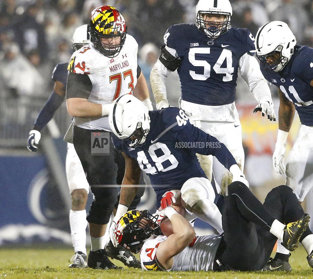 Chris Knight Penn State's Shareef Miller (48) drops Maryland's Avery Edwatds (82) for a loss during the second half of an NCAA college football game in State College, Pa., Saturday, Nov. 24, 2018. Penn State won 38-3. (AP Photo/Chris Knight)