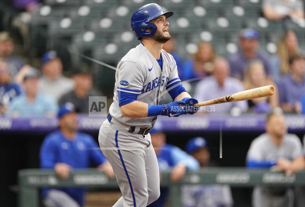 David Zalubowski Kansas City Royals' Andrew Benintendi watches his two-run home run off Colorado Rockies starting pitcher Kyle Freeland during the first inning of a baseball game Friday, May 13, 2022, in Denver.(AP Photo/David Zalubowski)