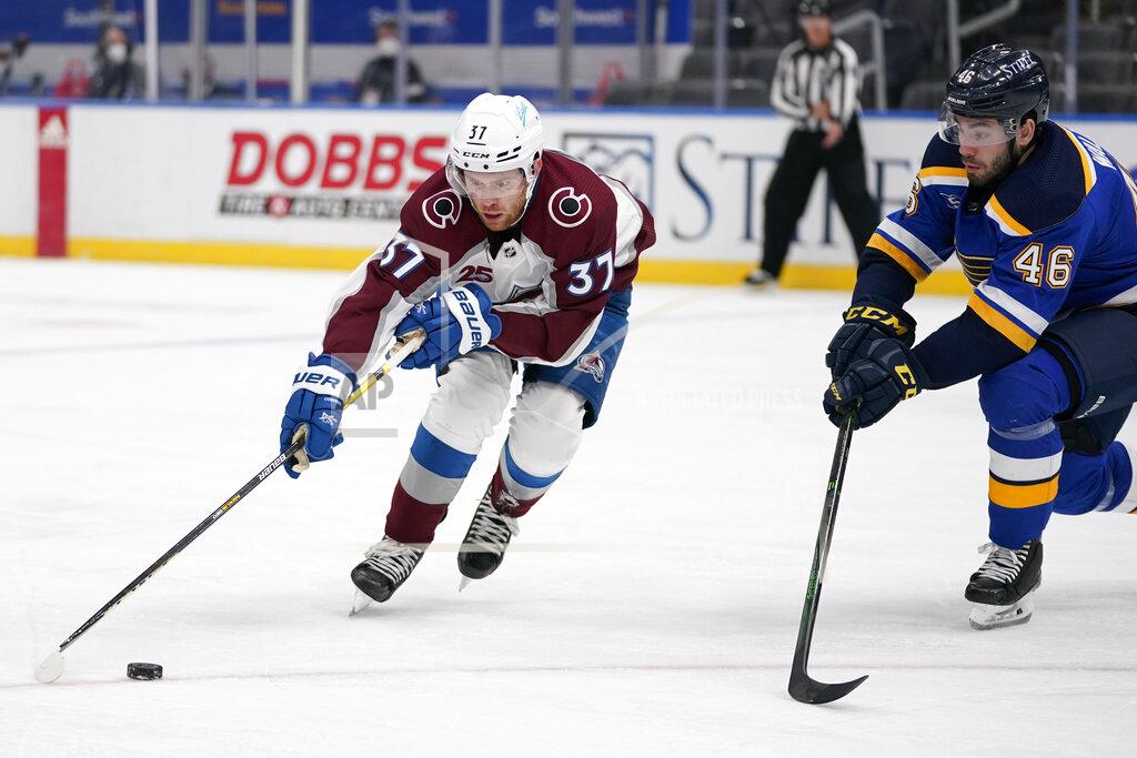 Jeff Roberson Colorado Avalanche's J.T. Compher (37) handles the puck as St. Louis Blues' Jake Walman (46) defends during the third period of an NHL hockey game Thursday, April 22, 2021, in St. Louis. (AP Photo/Jeff Roberson)