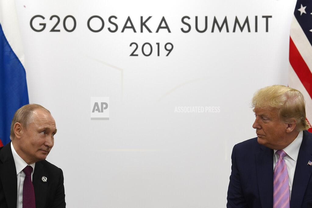 Susan Walsh FILE - In this June 28, 2019, file photo President Donald Trump, right, meets with Russian President Vladimir Putin during a bilateral meeting on the sidelines of the G-20 summit in Osaka, Japan. If Trump doesn't extend the New Strategic Arms Reduction Treaty, only remaining U.S.-Russia arms control pact, or succeed in negotiating a replacement treaty, it will expire on Feb. 5, 2021. (AP Photo/Susan Walsh, File)