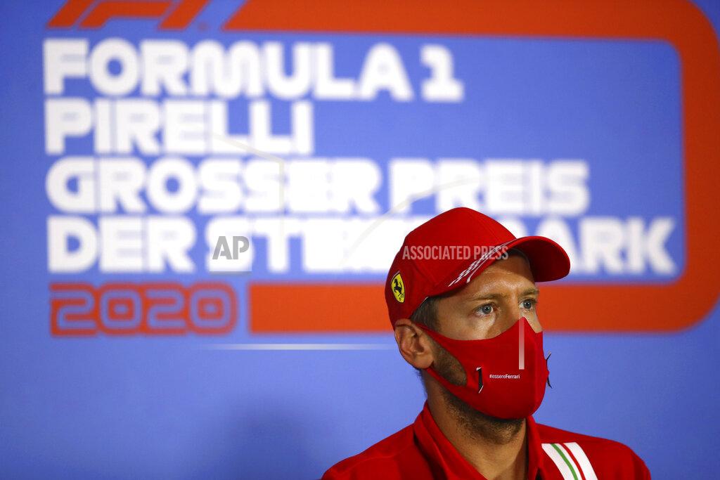 Bryn Lennon Ferrari driver Sebastian Vettel of Germany speaks during a news conference at the Red Bull Ring racetrack in Spielberg, Austria, Thursday, July 9, 2020. Styrian Formula One Grand Prix will be held on Sunday. (Bryn Lennon/Pool via AP)