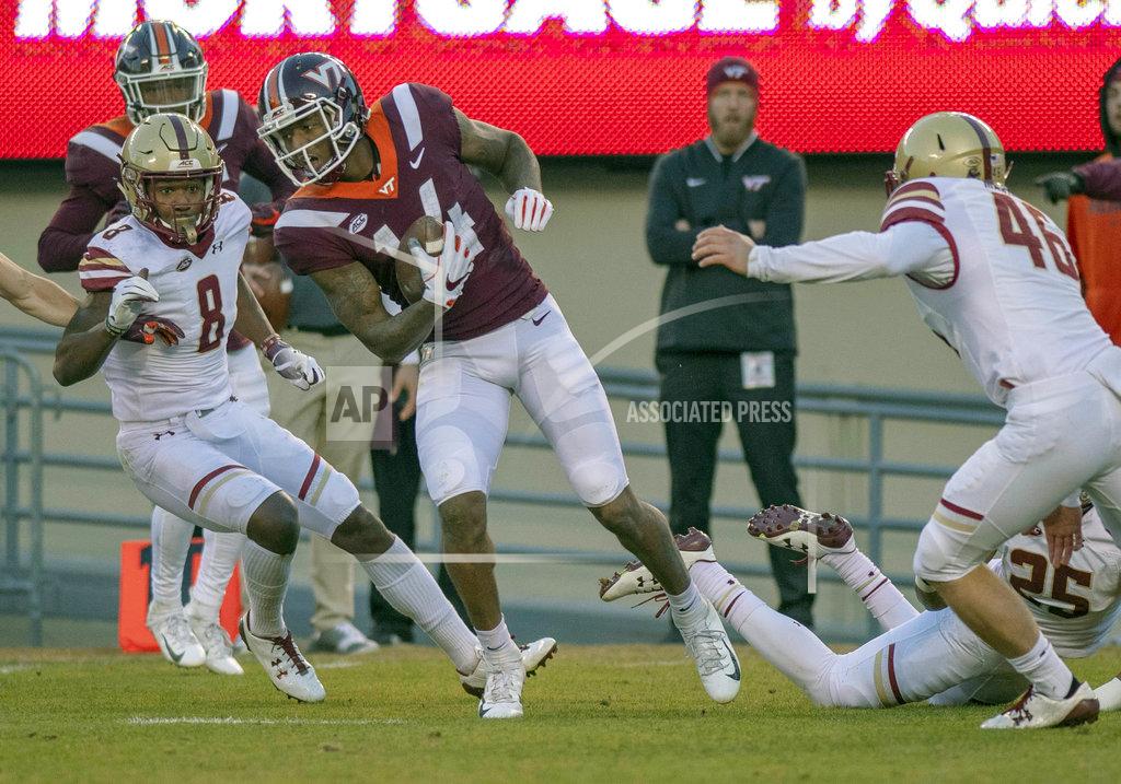 Matt Bell Virginia Tech wide receiver Damon Hazelton breaks free for a gain of yards in the second half of an NCAA college football game against Boston College in Blacksburg Va., Saturday, Nov. 3 2018. Boston College won the game 31-21. (Matt Gentry/The Roanoke Times via AP)