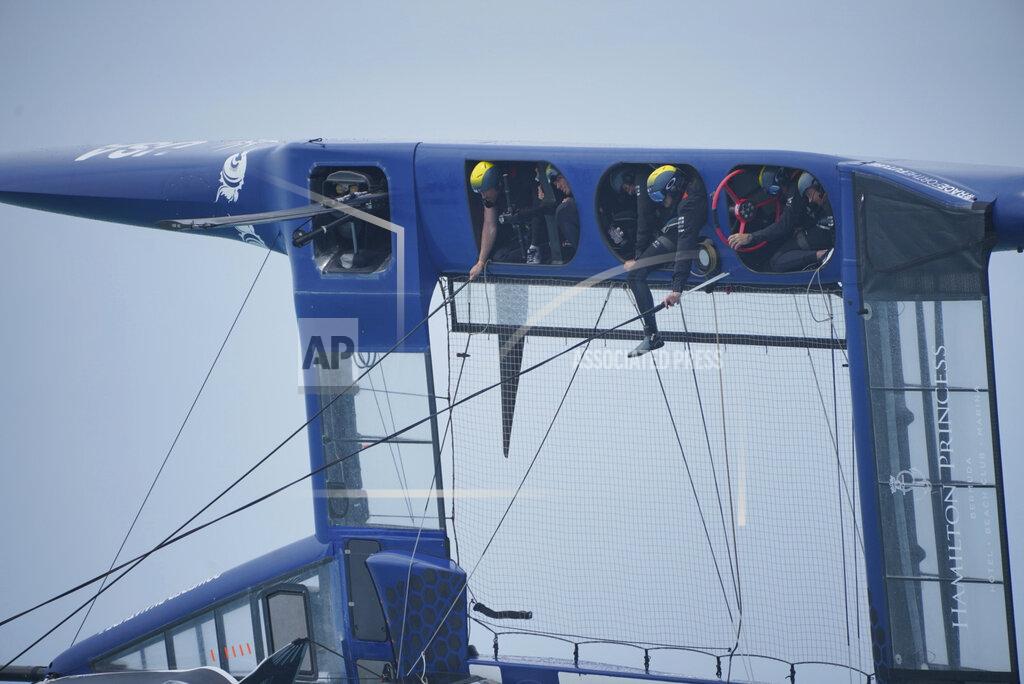 Ugo Fonolla In this Friday, April 16, 2021, photo provided by SailGP, Australia''s SailGP team capsizes on Bermuda's Great Sound while practicing for the season opener. The Australian SailGP team capsized during a water-trial on-board rival Team United States's wing-sailed F50 foiling catamaran. No injuries were sustained, according to SailGP. (Ugo Fonolla/SailGP via AP)