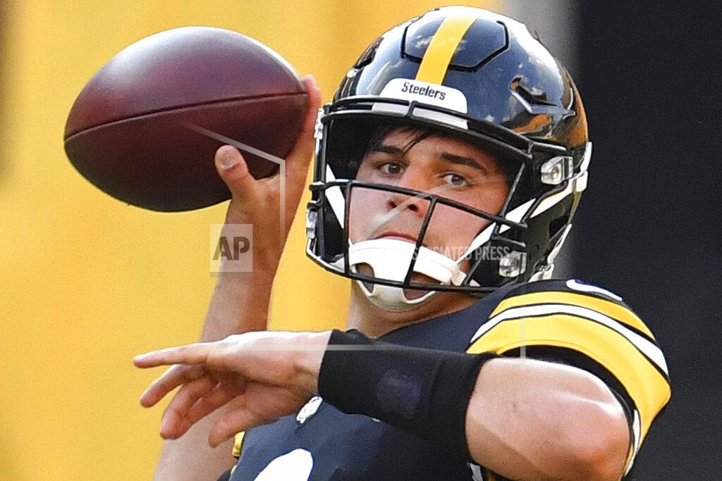 Peter Diana FILE - Pittsburgh Steelers quarterback Mason Rudolph drops back to pass during the NFL football team's practice in Pittsburgh, in this Saturday, Aug. 22, 2020, file photo. The Pittsburgh Steelers quarterback is the only signal-caller under contract for next season after signing a one-year deal early this spring, meaning he may get the first shot at replacing Ben Roethlisberger. (Peter Diana/Pittsburgh Post-Gazette via AP, File)
