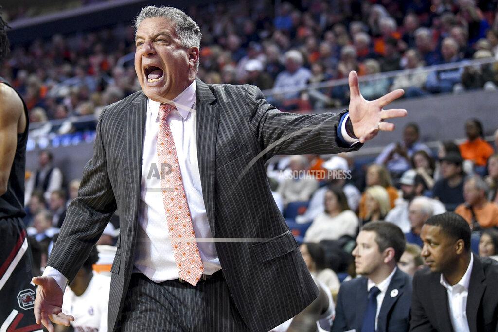 Julie Bennett Auburn head coach Bruce Pearl reacts to a play during the first half of an NCAA college basketball game against South Carolina Wednesday, Jan. 22, 2020, in Auburn, Ala. (AP Photo/Julie Bennett)