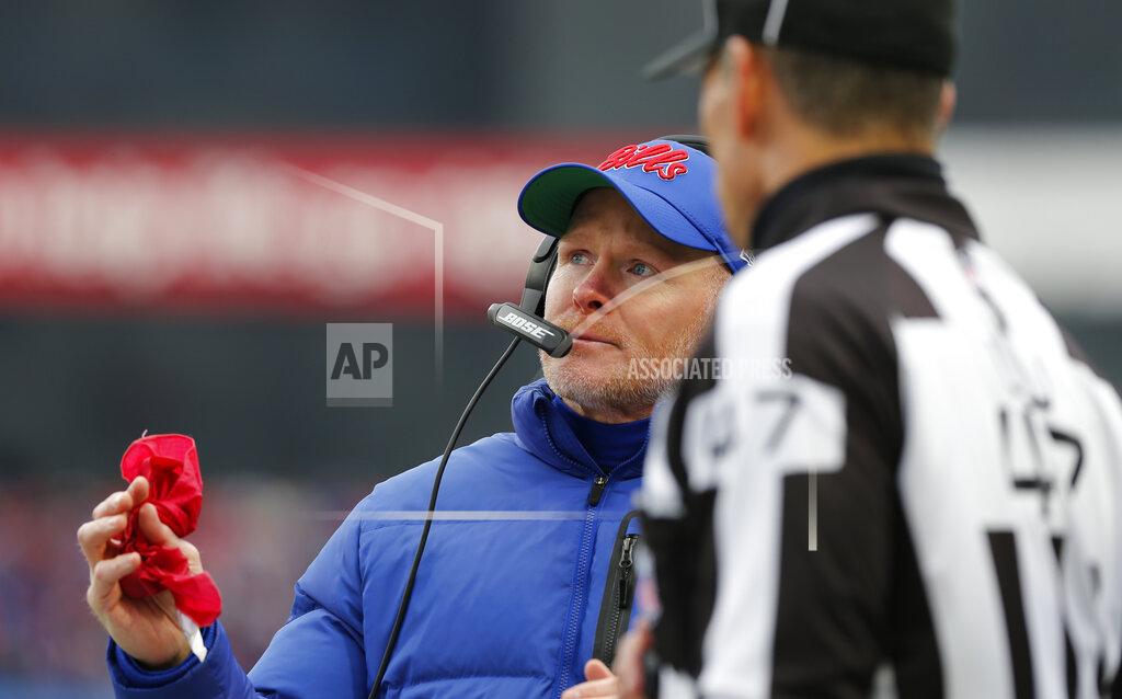 John Munson Buffalo Bills head coach Sean McDermott, left, talks with an official during the first half of an NFL football game against the Washington Redskins, Sunday, Nov. 3, 2019, in Orchard Park, N.Y. (AP Photo/John Munson)