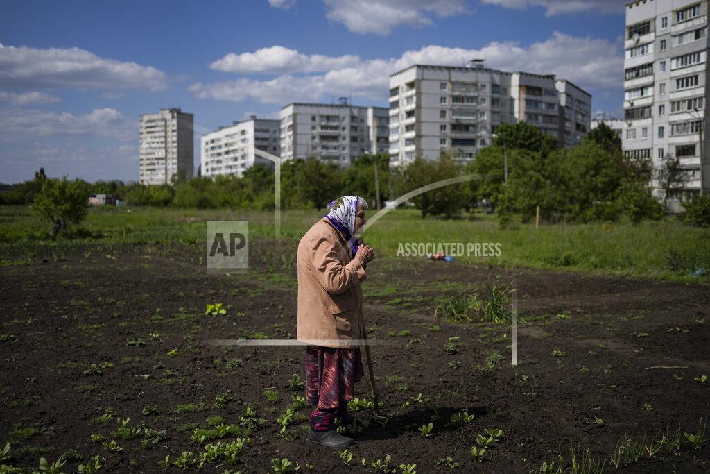 Bernat Armangue Lyudmila, 85, tends to the garden in Kharkiv, eastern Ukraine, Monday, May 23, 2022. No matter where Ukrainians live, the 3-month-old war never seems to be far away. Those in towns and villages near the front lines hide in basements from constant shelling, struggling to survive with no electricity or gas — and often no running water. (AP Photo/Bernat Armangue)
