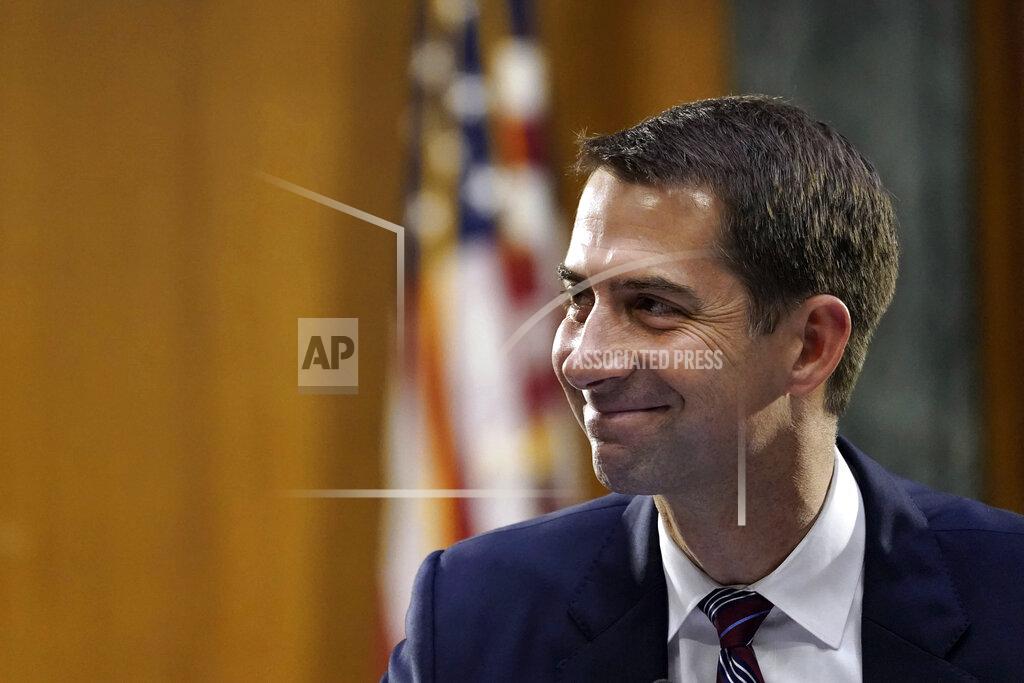 Drew Angerer FILE - In this Sept. 24, 2020 file photo, Sen. Tom Cotton, R-Ark., listens during the Senate's Committee on Banking, Housing, and Urban Affairs hearing in Washington. Six years after being elected in an expensive and heated race, Sen. Cotton is on the ballot again in Arkansas and campaigning hard — just not in his home state. (Drew Angerer/Pool via AP, File)