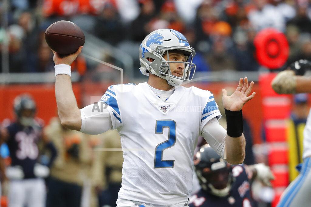Charles Rex Arbogast Detroit Lions quarterback Jeff Driskel (2) throws against the Chicago Bears during the first half of an NFL football game in Chicago, Sunday, Nov. 10, 2019. (AP Photo/Charles Rex Arbogast)