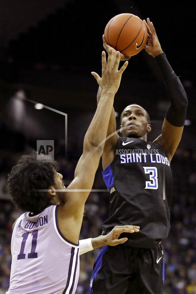 Charlie Riedel Saint Louis' Javonte Perkins (3) shoots over Kansas State's Antonio Gordon (11) during the second half of an NCAA college basketball game Saturday, Dec. 21, 2019, in Kansas City, Mo. (AP Photo/Charlie Riedel)