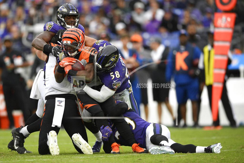Nick Wass Cincinnati Bengals running back Giovani Bernard (25) is tackled by Baltimore Ravens linebacker L.J. Fort (58) during the second half of a NFL football game Sunday, Oct. 13, 2019, in Baltimore. (AP Photo/Nick Wass)