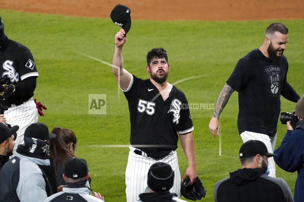 David Banks Chicago White Sox starting pitcher Carlos Rodon (55) celebrates his no hitter against the Cleveland Indians with his teammates in a baseball game, Wednesday, April, 14, 2021, in Chicago. (AP Photo/David Banks)