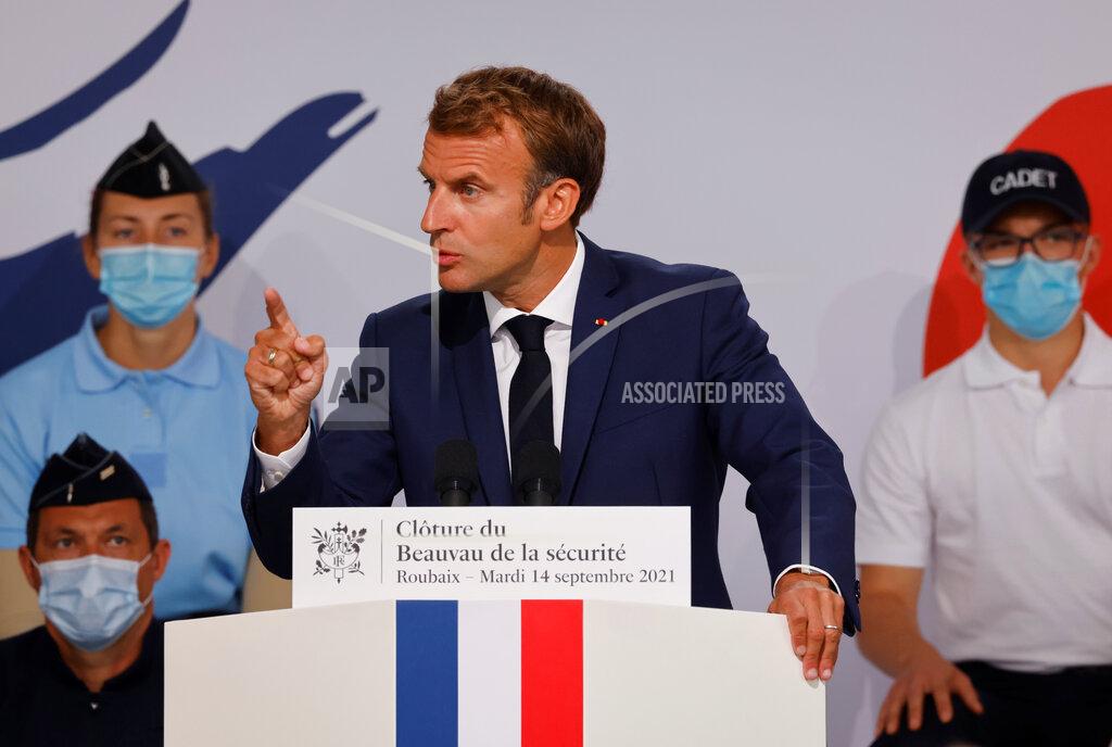 Ludovic Marin French President Emmanuel Macron speaks during his visit at the police academy of Roubaix, northern France, Tuesday, Sept. 14, 2021. (Ludovic Marin, Pool via AP)