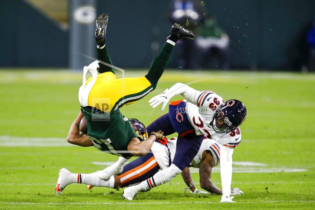 Matt Ludtke Green Bay Packers' Allen Lazard is flipped after catcing a pass during the first half of an NFL football game against the Chicago Bears Sunday, Nov. 29, 2020, in Green Bay, Wis. (AP Photo/Matt Ludtke)