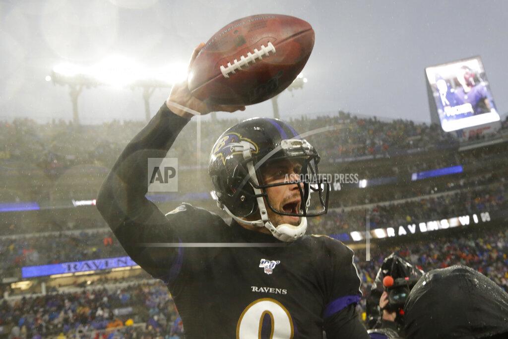 Julio Cortez Baltimore Ravens kicker Justin Tucker (9) celebrates after making a game winning field goal against the San Francisco 49ers in an NFL football game, Sunday, Dec. 1, 2019, in Baltimore, Md. Ravens won 20-17. (AP Photo/Julio Cortez)