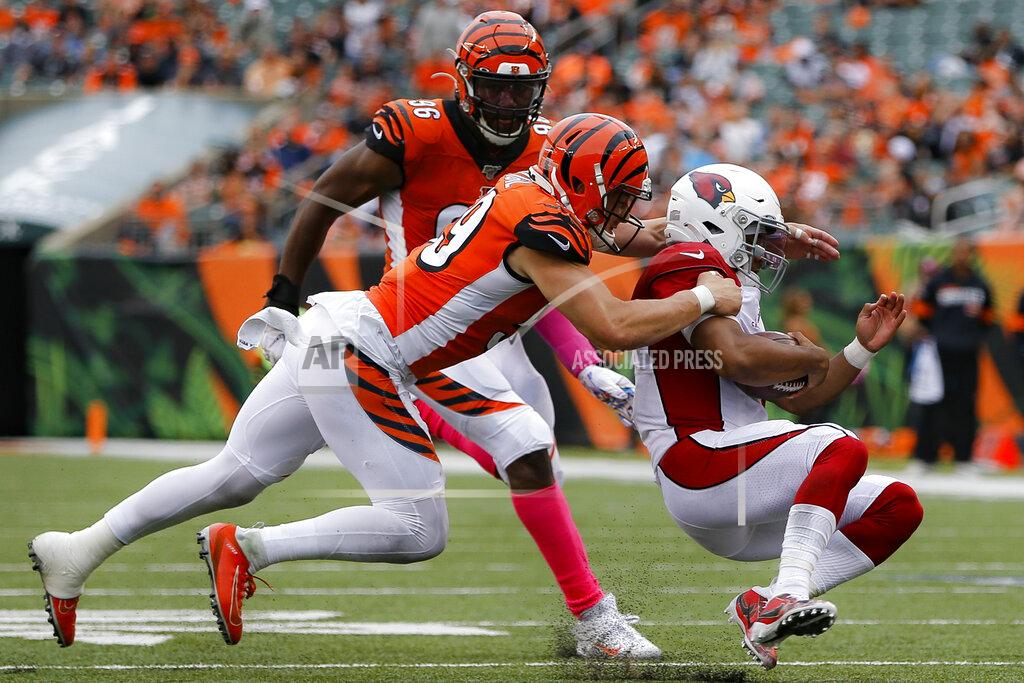 Frank Victores Arizona Cardinals quarterback Kyler Murray, right, is tackled by Cincinnati Bengals outside linebacker Nick Vigil, left, in the second half of an NFL football game, Sunday, Oct. 6, 2019, in Cincinnati. (AP Photo/Frank Victores)