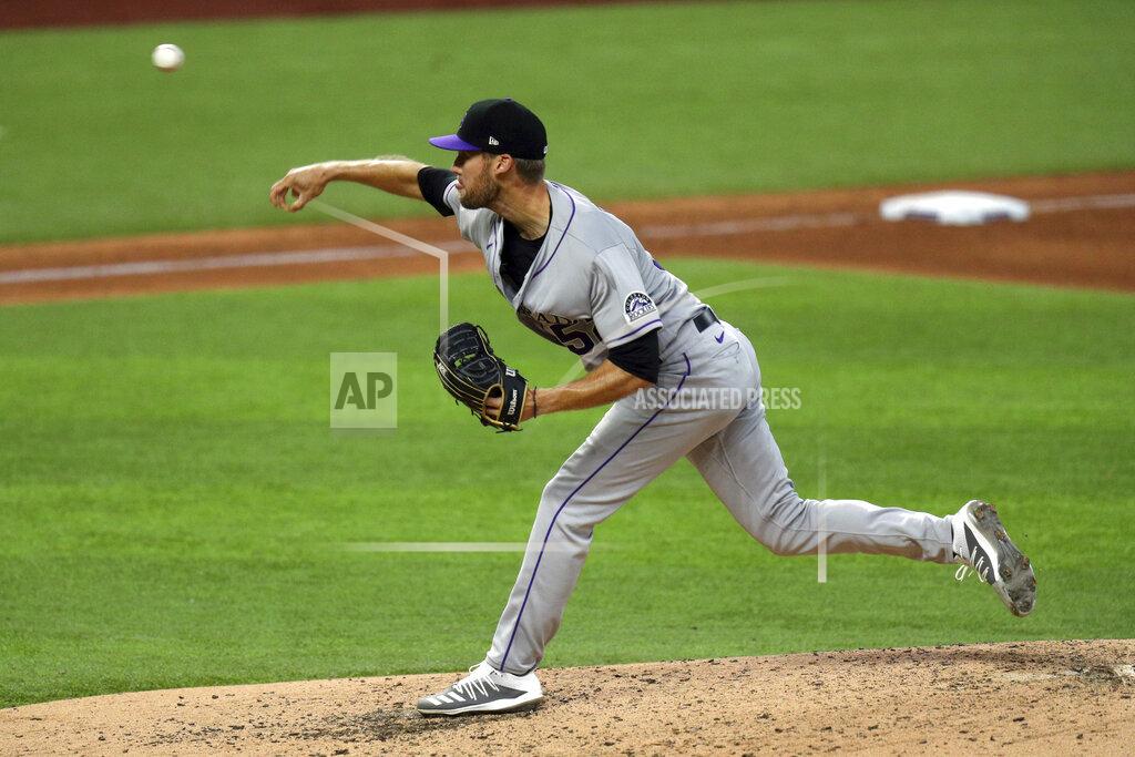 Richard W. Rodriguez Colorado Rockies pitcher Daniel Bard delivers in the fifth inning against the Texas Rangers in a baseball game Saturday, July 25, 2020, in Arlington, Texas. (AP Photo/Richard W. Rodriguez)
