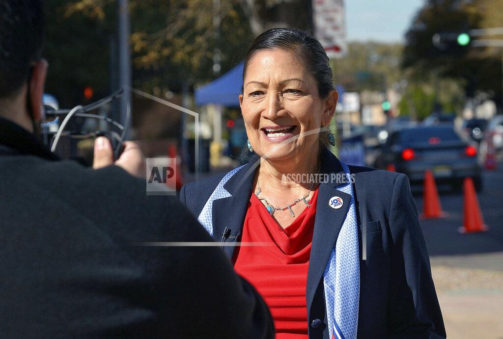 Jim Thompson Democratic Congresswomen Deb Haaland, N.M.-1st Dist., does a PSA for her twitter account in downtown Albuquerque, N.M., on Tuesday, Nov. 3, 2020. Haaland faces a challenge from Republican candidate Michelle Garcia Holmes in Tuesday's election. (Jim Thompson/The Albuquerque Journal via AP)