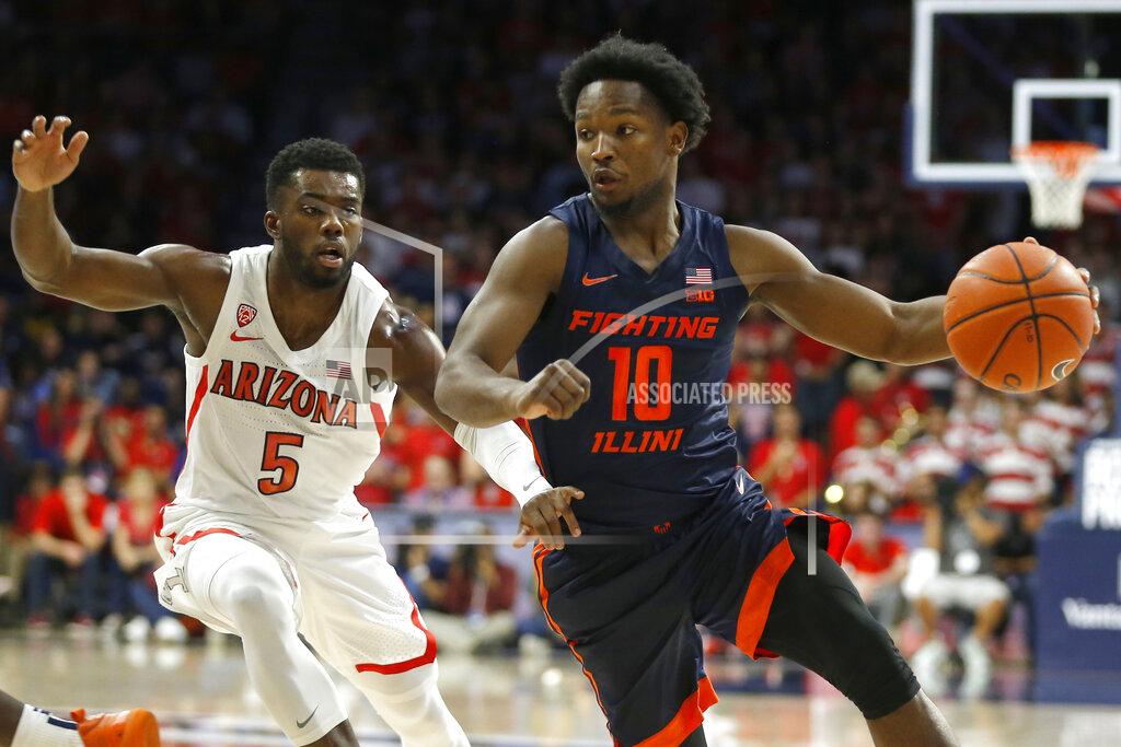 Rick Scuteri Illinois guard Andres Feliz (10) drives past Arizona guard Max Hazzard during the first half of an NCAA college basketball game Sunday, Nov. 10, 2019, in Tucson, Ariz. (AP Photo/Rick Scuteri)